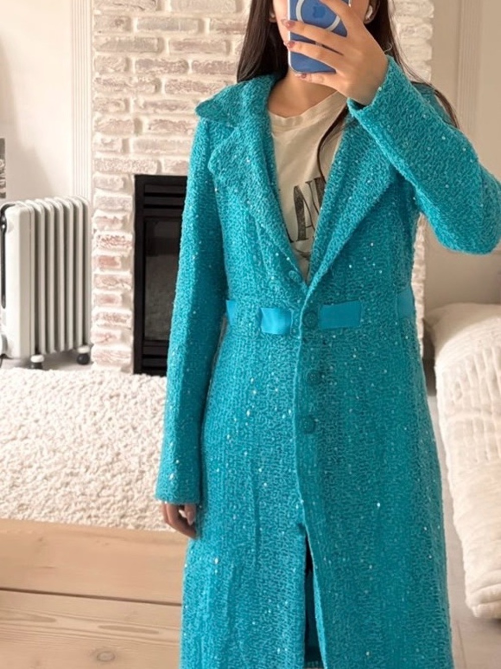 Betsey Johnson Turquoise Bouclé Long Trench Coat